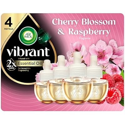 Air Wick Plug-In Scented Oil Refills, 4 Count, Cherry Blossom & Raspberry, Essential Oils