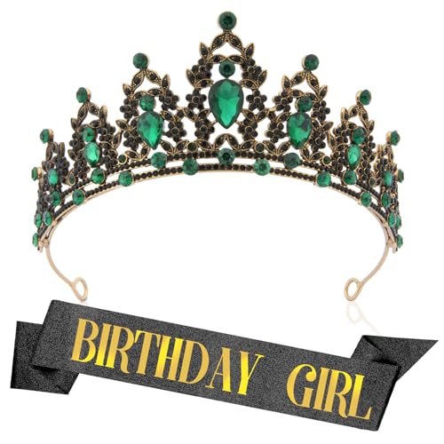 RGHSZ Crown Gold Birthday Hairbands for Women: Baroque Style, Alloy Metal, Rhinestone, Black+Green, Women's, Women celebrating special occasions