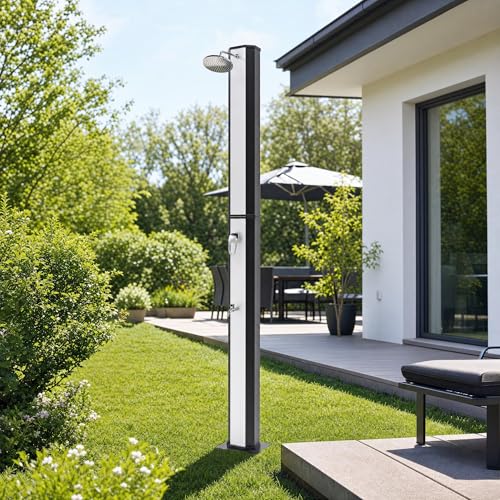 Solardusche, 35 Liter, 220 cm, für Garten, Pool, verchromt, Regenduschkopf mit Temperaturregler und Fußbrause, Schlauchanschluss, Außenpool, Terrasse, Silber Schwarz