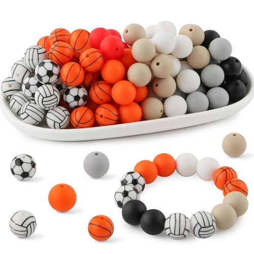 HHCFAST 70Pcs Print Silicone Beads for Keychain Making,Round 15mm Silicone Beads for Pens, Necklace and Bracelets Making（Sport Print）