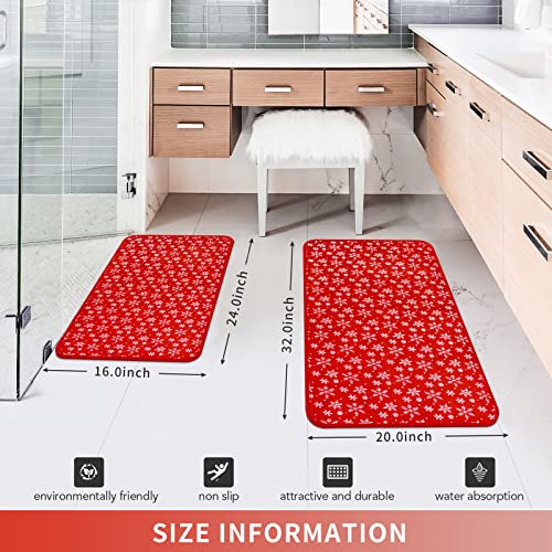 Aspmiz 2 Pcs Merry Christmas Bathroom Rugs, Red Silver Snowflake Bath Rug Mats Non Skid Washable, Absorbent Sponge Floor Mat Set For Shower Bedroom Kitchen Winter Xmas Decor, 32'' X 20'' + 24'' X 16'' #TOP6