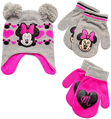 Disney Girls Minnie Mouse and Vampirina Winter Hat and 2 Pair Mitten or Glove Set (Toddler/Little Girl) (Minnie Pink/Heather Grey Print Mittens, Age 2-4)