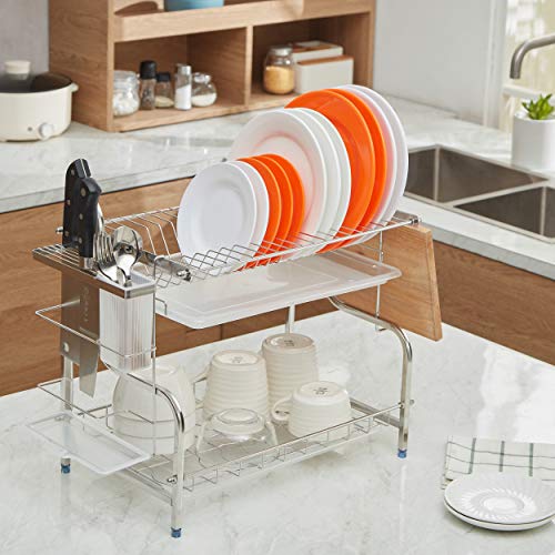 2 Tier Dish Rack, NATUROUS 304 Stainless Steel Dish Drying Rack Kitchen Organizer with Drain Board, Utensil Holder, Cutting Board Holder, Silver - Thumbnail 3