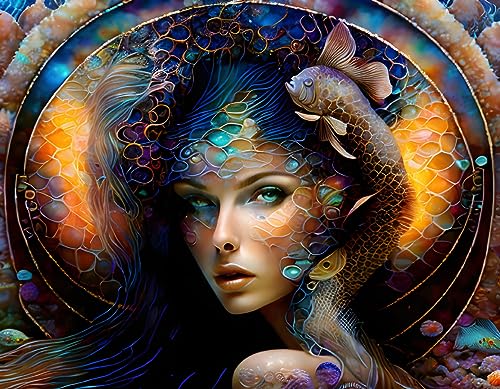 Poster fille aquatique filet de poisson decoration interieure grand format toile 58x90cm