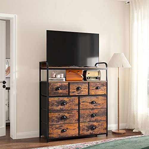 EnHomee Rustic Brown Tall Dresser with 9 Drawers & 2 Open Shelves
