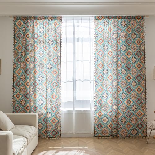 Image of Turquoise Blue Boho Curtains 72 Inches Long, Colorful Medallion Farmhouse Light Filtering Rod Pocket Drapes with Tassel Trim for Bedroom Living Room, 2 Panels
