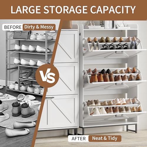 Image of Shoe Cabinet with 3 Flip Drawers, Freestanding Hidden Shoe Storage Organizer for Entryway, Narrow Slim Shoe Rack Cabinet with Open Storage & Hooks for Front Door Entrance, Living Room, Hallway, White