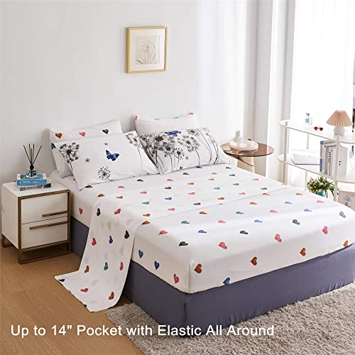 Urlinens Reversible Queen Comforter Set, Bed In A Bag Queen 7 Pieces, Floral Butterfly Hearts Bedding Set, Soft Microfiber Grey Dandelion On White Bed Set With Comforter, Sheets And Pillowcases #TOP3