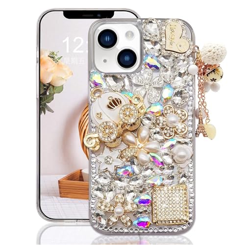 Coque iPhone 14 paillettes avec flacon parfum 3D et fleur transparente pour femme