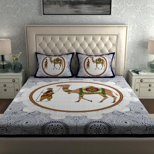 Image of LA VERNE 104 TC Cotton Double Bed Bedsheet Jaipuri Rajasthani Print Bedsheet with 2 Pillow Covers