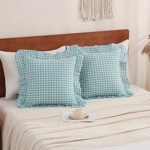 YHJWW Teal Gingham Ruffle Euro Pillow Cases 100% Washed Cotton Like Linen Feel Soft Comfy Plaid Decorative Throw Pillow Cover Shams Set of 2 for Bed Couch Sofa (26x26 Inches, Envelope Closure) — view 2