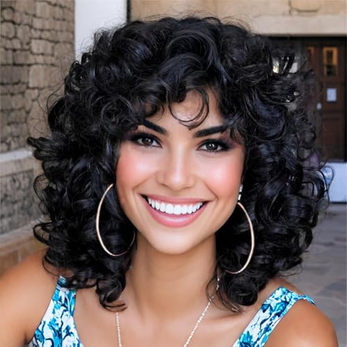 PORSMEER Perruque Afro Femme Naturelle Courte avec Frange Perruque de cheveux bouclés,Couleur noire frisée fibre synthétique résistante à la...