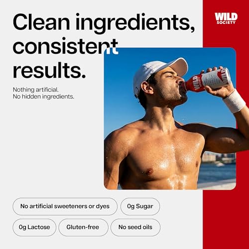 Image of Wild Society Clear Protein Drink + Electrolytes, Fruit Punch, 12 Pack | 20g Clear Whey Protein Isolate, 385mg Electrolytes, Zero Sugar, 100 Calories, 16oz Protein Water Sports Drink