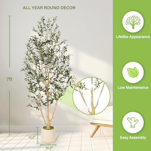 FEELEAD Faux Olive Tree 7ft with Planter - Realistic Olive Trees Artificial Indoor Tall Fake Potted Olive Tree with Natural Wood Trunk & Green Leaves, Faux Plant for Home Office Decor — view 3