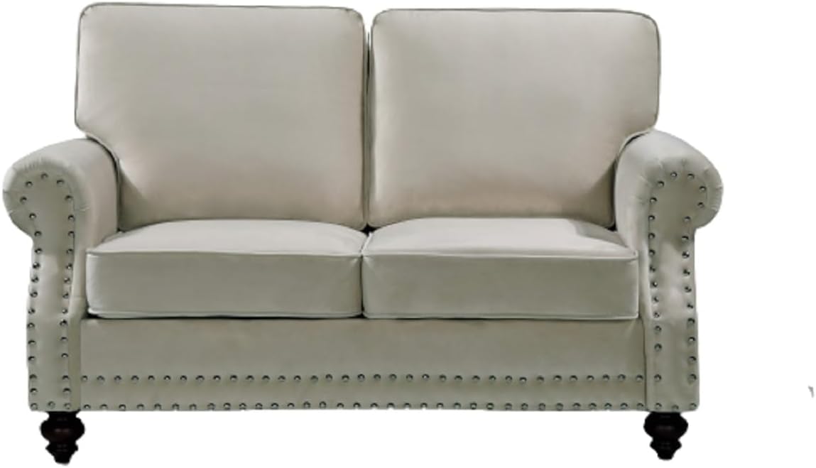 Container Furniture Direct Aspen Mid Century Modern Velvet Upholstered Living Room Rolled Arms, Loveseat, Beige