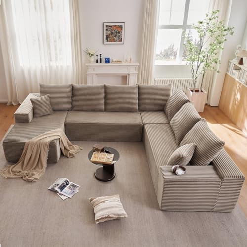 Image of Oversized Modular Sectional Sofa Couch, Large 6 Seater Corner Sofa Modern U Shaped Sectional Couch Cloud Couches for Living Room, Office, Spacious Space, Corduroy, No Assembly Required, Camel