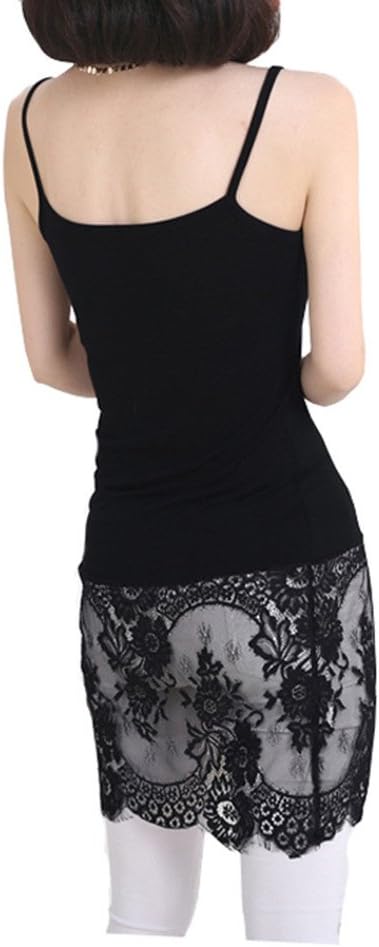 Fengwu Camisole Vest Dress Lace Trim Extender Tank Top Undershirt Tees Spaghetti Straps Slip Dress Long Vest Blouse For Girls Teenager(Black XXL)