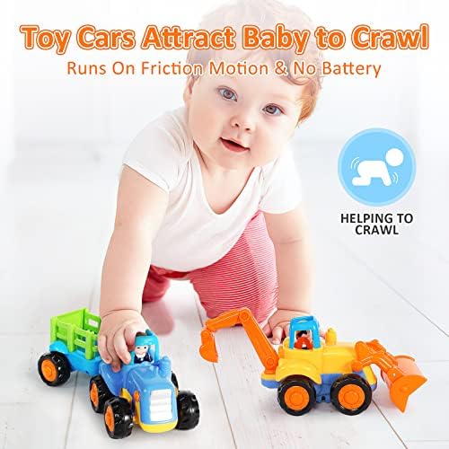 Early Education 1 Year Olds Baby Toy Push and Go Friction Powered Car Toys Sets of 2 Tractor, Bulldozer for Children Kids Boys Girls, Pull-Along Trucks for 2 Year Old, Birthday Christmas Party Gift