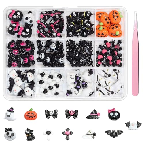 Halloween Nail Charms,90Pcs/Box Cute Cat Ghost Skull Pumpkin Cross Bat Bow Nail Gems Rhinestones with Tweezer,Gothic Halloween Mini Resin Figurines Charms for Manicure Design Decorations DIY Crafts