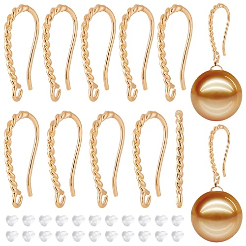 BENECREAT 20Pcs Twist Rope Earring Hooks, 14K Gold Plated Brass, with Loops & 50pcs Plastic Earring Backs - for DIY Jewellery Making