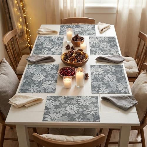 Image of YELONA Placemats for Dining Table - Heat Resistant, Non-Slip & Washable PVC Vinyl Table Mats - Set of 8, 45 x 30 cm (Grey & White)