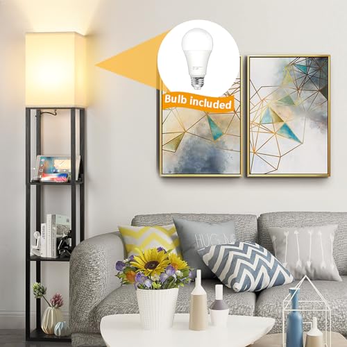 FOLKSMATE LED Shelf Floor Lamp with USB Charging Ports，Type C Port & Power Outlet, 3 Way Dimmable Touch Control Modern Standing Lamps with Shelves for Bedroom, Living Room - Thumbnail 3