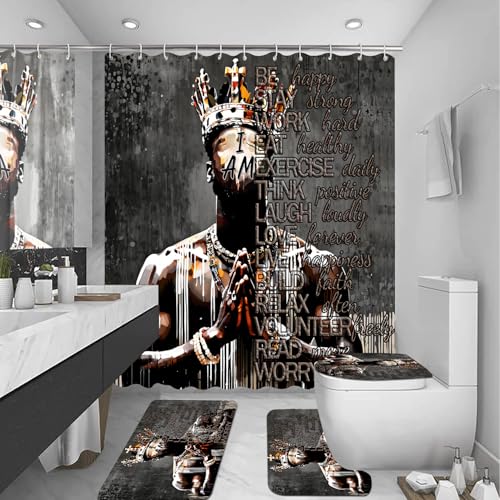 Omebero 4Pcs Cool Black King Shower Curtain Set with Waterproof Shower Curtain Bath Mat Rug and Toilet Lid Cover, Inspirational Quote African American King Bathroom Decor Set for Man