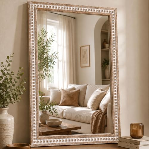 Image of Wooden Bathroom Wall Mirror, 36x24x1.25 inch Solid Wooden frame, White Antique | Rustic Solid Wood Vanity Mirror, Farmhouse Decorative Mirror for Home, Vertical & Horizontal Hanging, Wood Finish