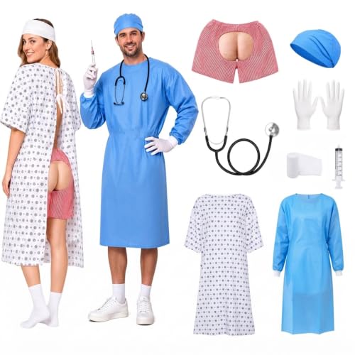 Adboros 8 Pcs Halloween Doctor Patient Couples Costume for Adult Unisex