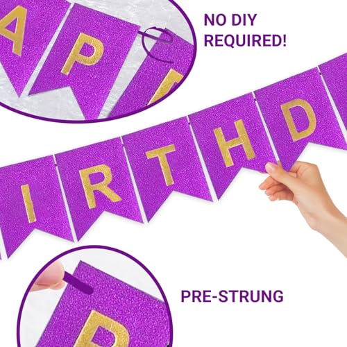 Image of Purple Happy Birthday Banner - 16 ft Pre-Strung Gold Purple Birthday Party Decorations Sign for Girls, Boys, Kids, Women - No DIY Hanging Backdrop for Indoor & Outdoor Celebrations