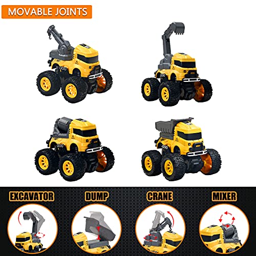Construction Truck Toys - 4 Pack Excavator, Mixer, Crane, Dump Trucks Push And Go Friction Powered Cars Monster Stunt Vehicles Playset Kids Birthday Party Favors Gifts For 3+ Year Old Boys Girls #TOP4