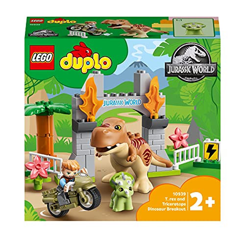 LEGO 10939 DUPLO Jurassic World Ausbruch des T-Rex und Triceratops, Dinosaurier Spielzeug Set für Kleinkinder ab 2 Jahren
