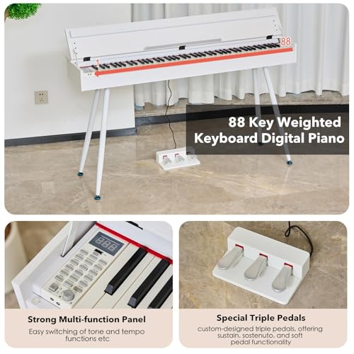 Image of Digital Piano 88 Key Weighted Keyboard,Full-Size Desk Progressive Hammer-Action Electric Piano For Beginners, With Sheet Music Stand, Pedal,Power Adapter, Headphone Mode, Usb-Mid (Pearl White)