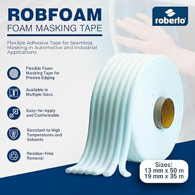 Roberlo RobFoam Automotive Foam Masking Tape - 13 mm x 50 m - Auto Masking Tape for Paint Protection, Soft Edge Foam Tape, Ideal for Automotive and Painting Applications