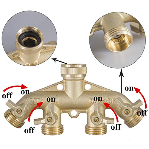 Image of Hourleey Brass Garden Hose Splitter (4 Way), Solid Brass Hose Connector 3 /4 inch, Hose Spigot Adapter 4 Valves with 4 Extra Rubber Washers