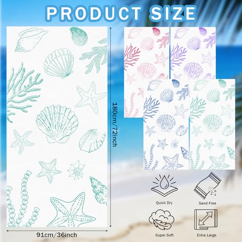 Tegeme 4 Pack Coastal Seashell Microfiber Thin Beach Towel Lightweight 71x36 Oversized Extra Large Sand Free Towels Quick Dry for Travel Pool Yoga Sports Beach Accessories Vacation Essential Gift by Tegeme - Used condition - Image 3