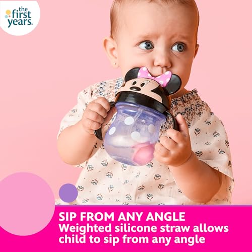 Image of The First Years Disney Minnie Mouse Weighted Straw Cup - Spill Proof Toddler Cups with Flip Top Cover and Silicone Straw - Dishwasher Safe - 7 Oz - 6 Months and Up (Pack of 12)
