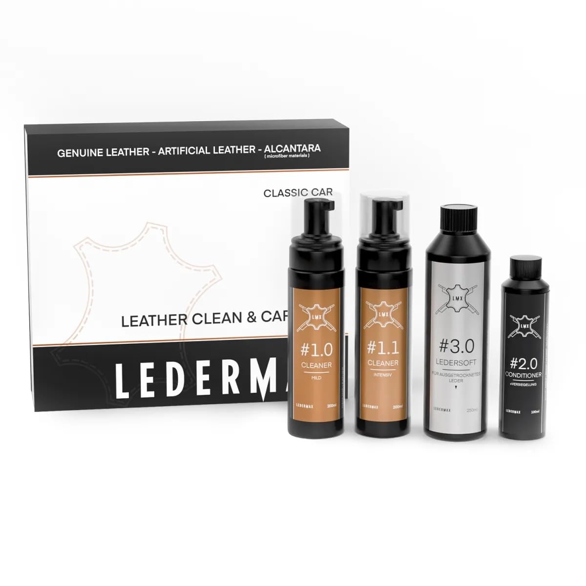 Generisch LMX Ledermax Classic Car Set, Professionelles Lederpflege-Set für Oldtimer und Cabrios, 4-teilig mit Cleaner, Ledersoft und Conditioner, UV-Schutz und Tiefenpflege