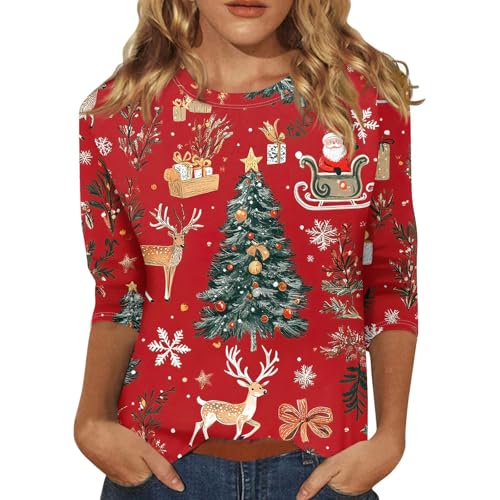 HSUAYEUD Christmas Jumpers for Women 3/4 Sleeve Top UK Snowflake Print Womens T-Shirts Casual Tunic Top