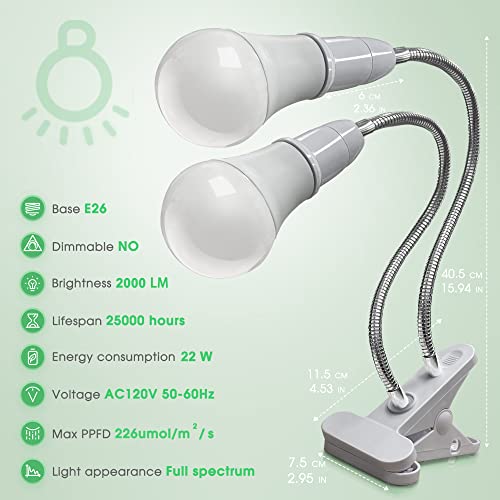 Grow Lights For Indoor Plants, Briignite Full Spectrum Grow Light 22W, Dual Head Clip On Grow Lights 200W Equivalent, Adjustable Gooseneck, Bulbs Replacement, Grow Lights For Seed Starting, Succulents #TOP5