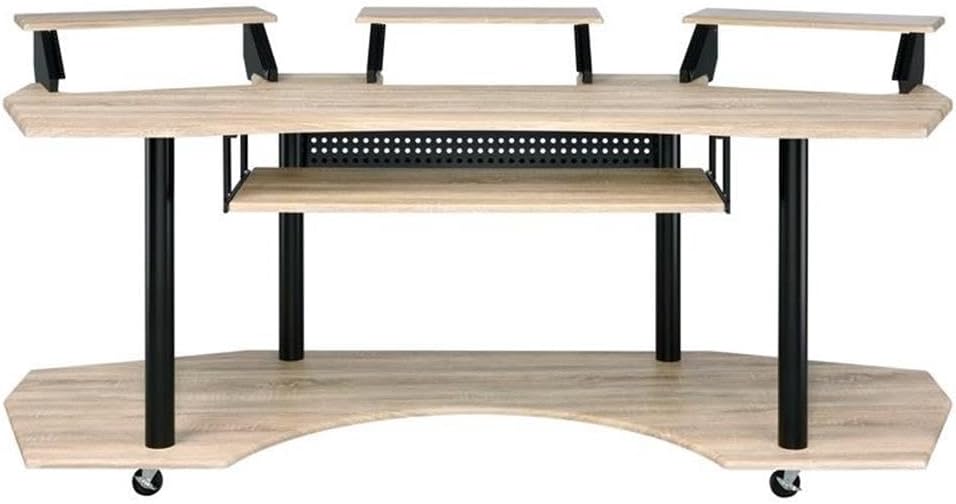 BOWERY HILL Wooden 4-Shelf Music Recording Studio Desk, 83" W x 40" D x 37" H, Natural Oak Finish, MDF and Particle Board Construction, Keyboard Tray, Multi-Function Hutch, Home Office Computer Desk