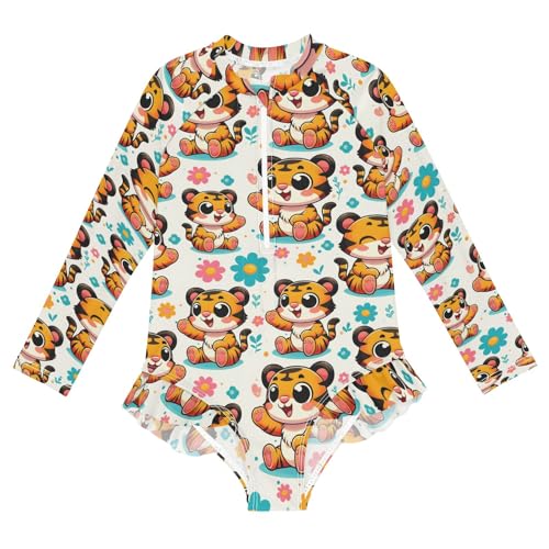 Cute Cartoon Tigers Girls Long Sleeve Swimsuit Rash Guard One Piece Bathing Suits Zipper 3-12T