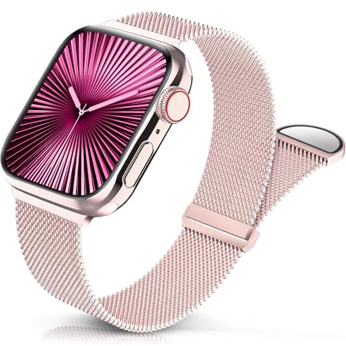 Sunnywoo Metal Stainless Steel Band Compatible with Apple Watch Bands 40mm 38mm 41mm 42mm 44mm 45mm 49mm Rose Gold Loop Adjustable Magnetic Strap for iWatch Series Ultra 9 8 7 6 5 4 3 SE for Women Men