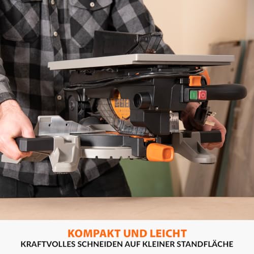 Evolution Power Tools R210MTS-G2 Vielseitige Kapp- und Tischsäge, kompakt, multifunktional, schneidet verschiedene Materialien, TCT-Sägeblatt für Holz, Kunststoff und Metall, 210mm