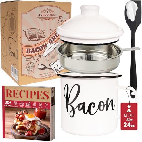 Image of Ayerphalo 24oz Enamel Bacon Grease Container with Strainer, Farmhouse White