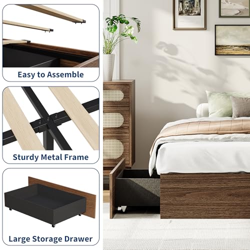 Image of GarveeHome Twin Size Wood Platform Bed Frame with 2 Storage Drawers, Wooden Bed Frame Without Headboard, Wood Slat Support, No Box Spring Needed, Easy Assembly