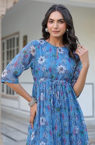 Image of Janasya Women's Poly Georgette Floral Flared Western Dress