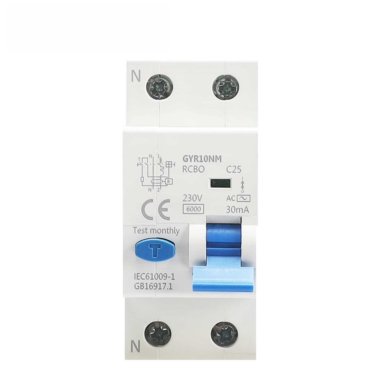 RCBO GYR10NM AC Magnetyczny wyłącznik różnicowy z zabezpieczeniem nadprądowym i wyciekiem (szyna DIN, 1 szt.) (2P 10A 30mA)