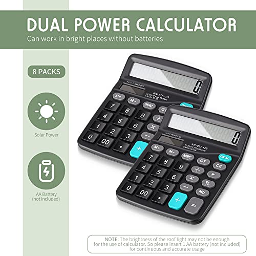 Konohan 8 Pieces 12-Digit Calculator, Solar Basic Desktop Calculator Large Display Electronic Dual Power Handheld for Home Office School(Black)