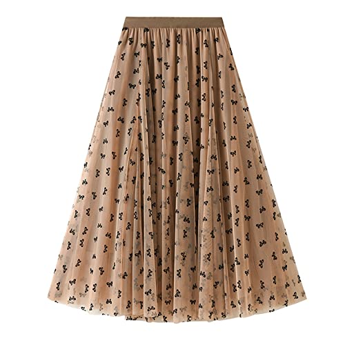Dirholl Women's A-Line Fairy Patterned Elastic Waist Ruffle Tulle Layered Midi Skirt Bowknot Khaki